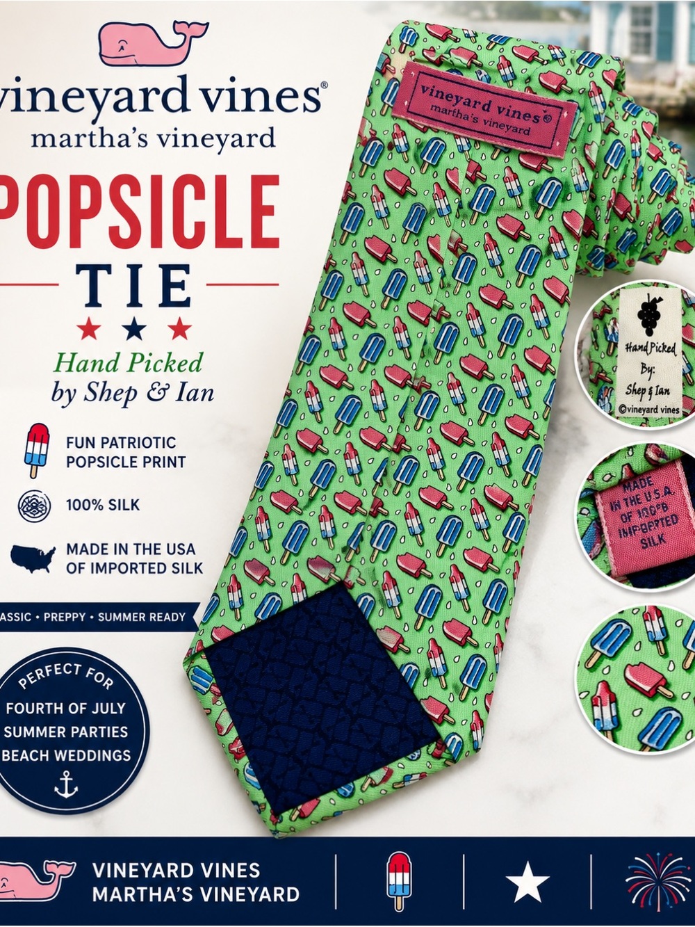 Vineyard Vines Patriotic Green Tie with Pink and Blue Popsicle Print Novelty Tie